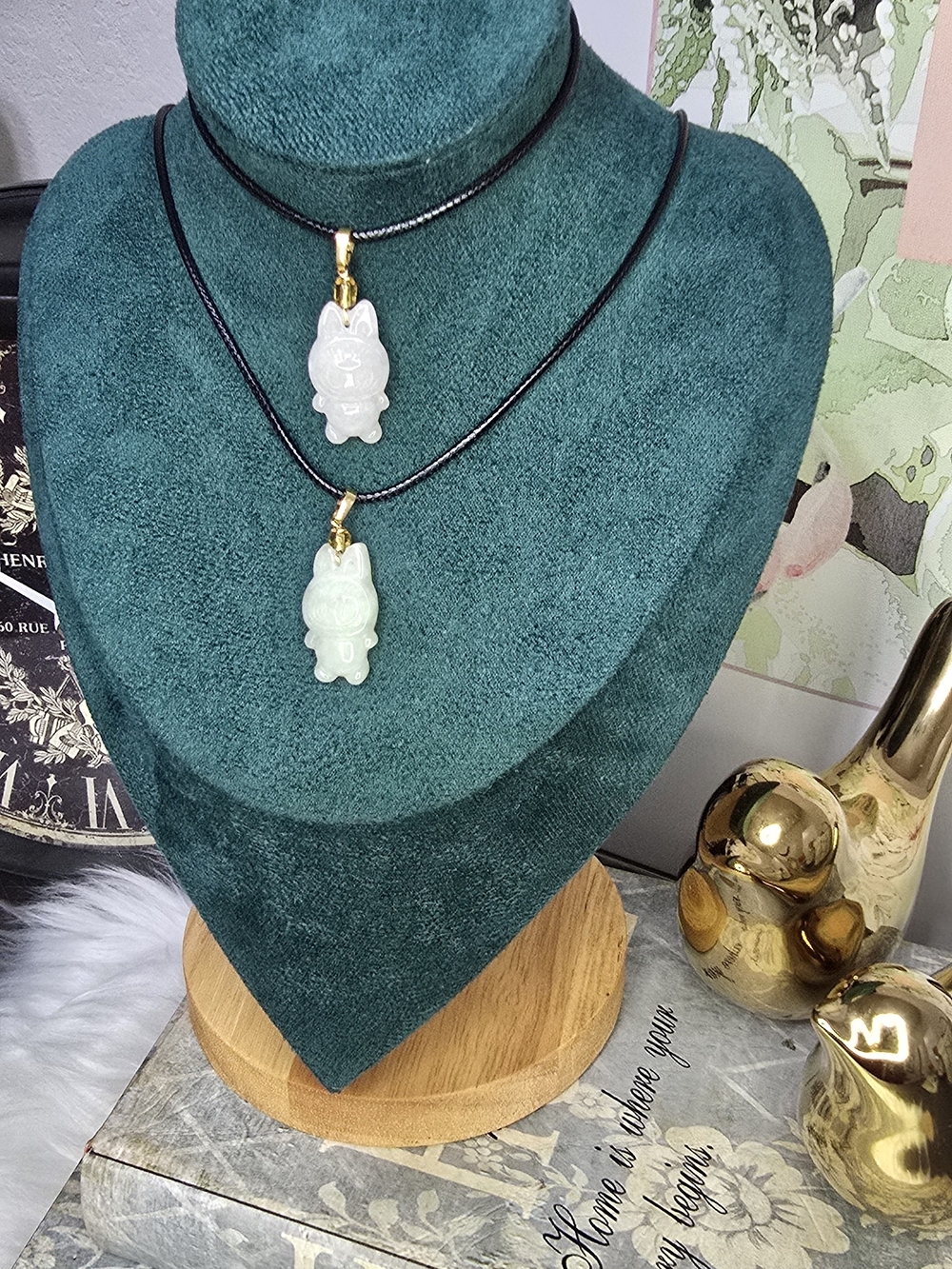 Natural Lavender/apple Green Jade Handcrafted Labubu Necklace Charm.Pick Color